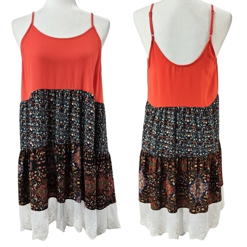 Umgee Boho Multicolor Colorblock Floral Lace Spaghetti Strap Dress Maximalist